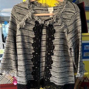 Chico’s EUC Women's Black and White tweed jacket with black lace detailing!!